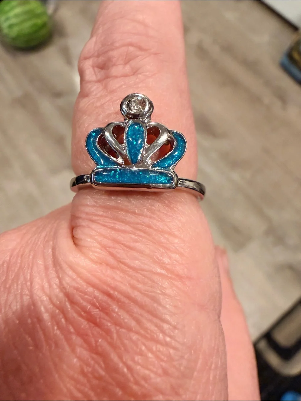 Silver Crown Ring with Teal Blue Enamel accent size 9